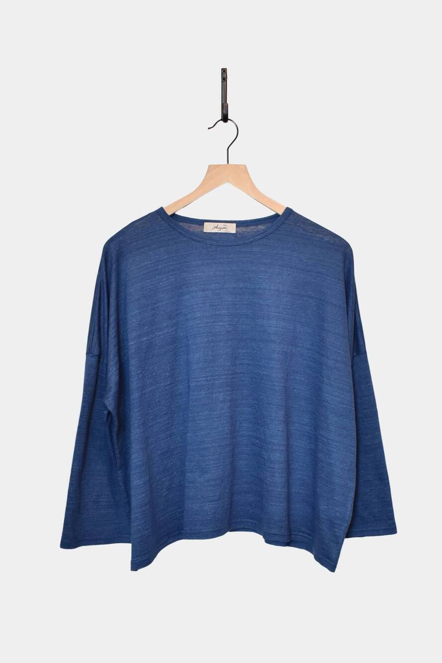 NEW ICHI ANTIQUITES women's knit linen pullover top in blue